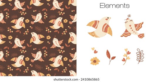 Spring pattern with flat folklore birds and branches on dark brown background. Children's print in pastel beige tones