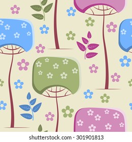 Spring pattern with flowering trees on yellow background