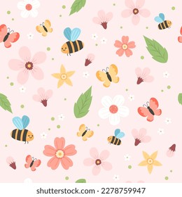 Spring pattern with flowers, bees and butterflies. Cute vector elements in flat cartoon style