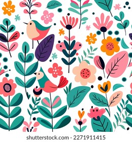 Patrón primaveral de flores y pájaros, motivos étnicos, vectores sin fisuras. Hojas, verano, lindo, hermoso