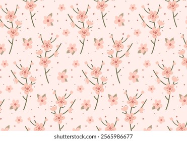 Spring pattern with flowers. Blooming branches with pink flowers. Cute hand-drawn print with cherry blossoms. Seamless print for printing on wrapping paper, postcards, fabric and wallpaper