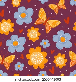 Frühlingsmuster mit Blumen und Schmetterlingen. Botanisches Ornament für Grußkarten, Osterkarten, Poster. Cartoon-Stil, Vektorgrafik