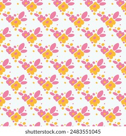 Spring pattern with flowers and leaves. Festive design. Tiles. Simple rhythm.