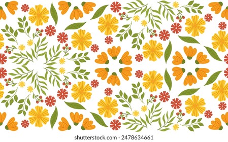 Spring pattern with flowers and leaves in a hand-drawn vector style. Perfect for children's items, textiles, packaging, and decorative elements