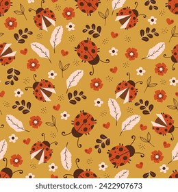 Spring pattern with flowers, leaves and ladybugs. 
Seamless pattern with cute nature elements.