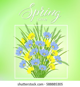 Spring pattern with flowers on a green background. Spring holiday card with text. Stylish fashion background
