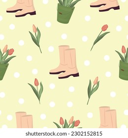Patrón de primavera con flores y botas de goma. Ilustración vectorial de alta calidad.