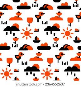 Spring pattern with geometric flat objects. Vector seamless pattern with spring mood. Geometric symbols of the spring theme are a ship, a bird, the sun, rain and flowers. Minimalistic decorative items