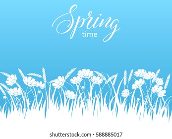 Spring pattern with grass and flowers against the sky . Spring holiday card with place for text. Stylish fashion background