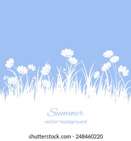 Spring pattern with grass and flowers on a blue background. Spring holiday card with place for text. Stylish fashion background