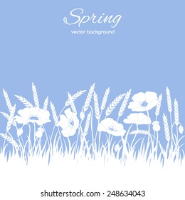 Spring pattern with grass and flowers on a blue background. Spring holiday card with place for text. Stylish fashion background