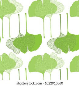 Spring pattern of hand drawn ginkgo leaves on a white background. Vector illustration