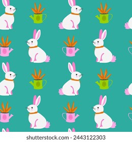 Spring pattern, hare, bouquet of carrots, watering can, bright.