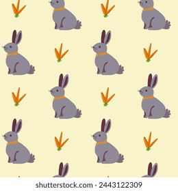 Spring pattern, hare, bouquet of carrots, watering can, bright.