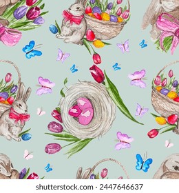 Patrón de primavera con liebres, flores y mariposas. Acuarela Vector Colores frescos delicados