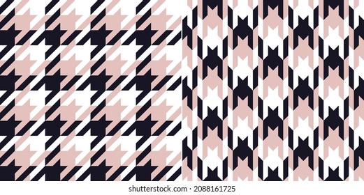 Spring pattern. Houndstooth check plaid in powder pink, black, white. Seamless dog tooth tartan vector set for dress, coat, jacket, scarf, blanket, duvet cover, other modern fashion textile design.