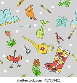 Spring pattern. Instruments for garden, rubber boots.Birds and flowers
