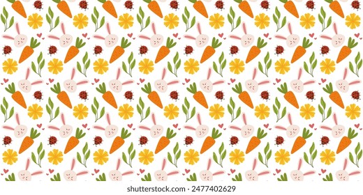 Spring pattern with ladybug and carrots in a hand-drawn vector style. Perfect for children's products, textiles, and gift wrapping.