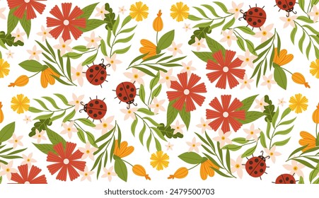 Patrón de primavera con mariquita, hojas y flores en un lindo estilo de Vector dibujado a mano. Perfecto para textiles, envases y diseño decorativo