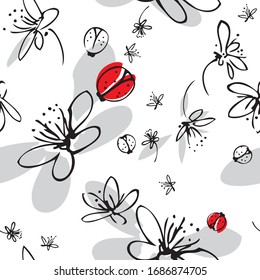 spring pattern, with ladybugs and blossoms