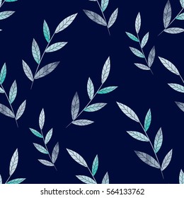Spring pattern of leaves on a blue background. Watercolor. Vector illustration