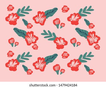 Spring pattern of leaves on a pink background. Vector illustration - Vector