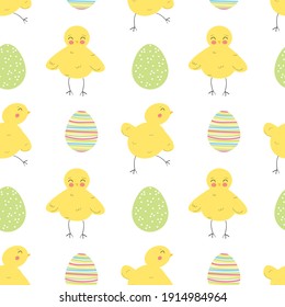 Spring pattern with little chickens and Easter colorful eggs. Vector endless ornament.