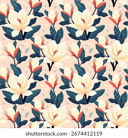 Patrón de primavera con magnolias sobre fondo pastel. Flores de verano hermosa textura moderna dibujada a mano. Fondo de pantalla de Vector plano para envoltura de regalo, tela, estampados, invitaciones, cubiertas. Precioso diseño de moda