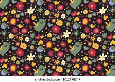 spring pattern  on a black background. The bird sings, different kinds of flowers of different colors (rose, daisies, chamomile, pansies and others)