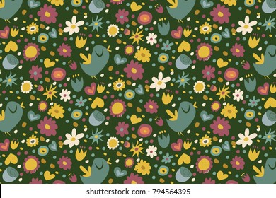 spring pattern  on a green background. The bird sings, different kinds of flowers of different colors (rose, daisies, chamomile, pansies and others)