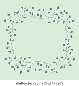 Spring pattern on green, light, muted background, frame of tree branches, leaves, plants. Elegant, aesthetic, stylish Decoration  in flat style. Hand drawing doodles of botanical elements