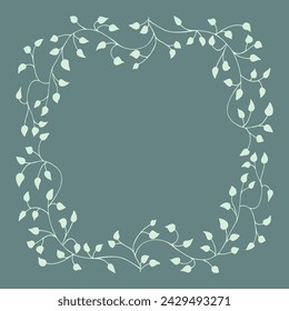 Spring pattern on green, light, muted background, frame of tree branches, leaves, plants. Elegant, aesthetic, stylish Decoration  in flat style. Hand drawing doodles of botanical elements