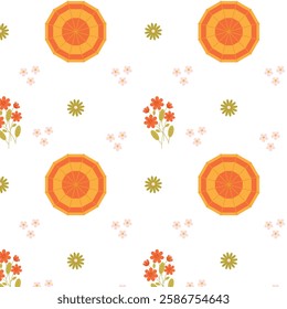 Spring pattern with an open umbrella and cute spring flowers on a white background