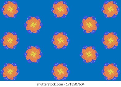 Spring pattern. Orange flowers at the blue background. Graphic pattern style. Vintage bloom. Invitation. Beautiful summer floral art. Botanical colorful bouquet. Vector Illustration.