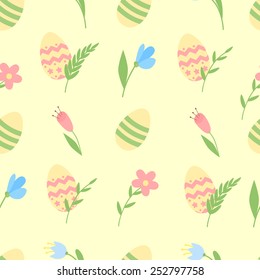 Spring pattern with painted eggs and flowers for Easter