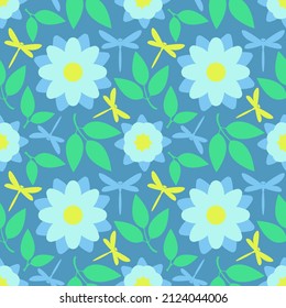 patrón de primavera. fondo floral pastel. patrón impecable con flores azules y libélulas. prado floreciente. flores azules claras en un fondo azul. ornamento vectorial