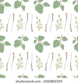 Spring pattern with plants and flowers. Leaves Pattern. Endless Background. Seamless
