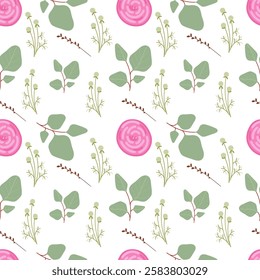 Spring pattern with plants and flowers. Leaves Pattern. Endless light Background. Seamless pattern