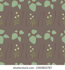 Spring pattern with plants and flowers. Leaves Pattern. Endless Background. Seamless dark pattern