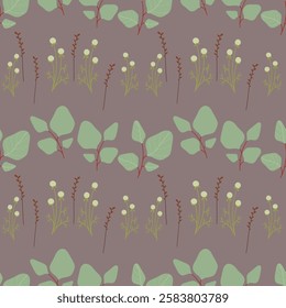 Spring pattern with plants and flowers. Leaves Pattern. Endless Background. Seamless dark pattern