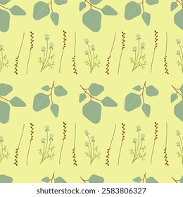 Spring pattern with plants and flowers. Leaves Pattern. Endless Background. Seamless yellow pattern