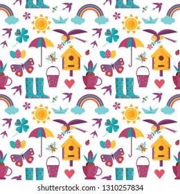Spring pattern with rainbow, sun, umbrella, bird house and clover icons. Springtime seamless background for wrapping paper or print.