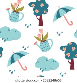 Spring pattern seamless pattern background for packaging and decoration with rain, rain cloud, umbrella, spring flowers and trees