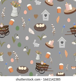 Spring pattern seamless with Easter elements. Nest, candles, wood, rare, eggs, easter cake, flowers, feather, snowdrop, wooden pushcart, birdhouse.