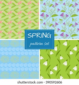 Spring pattern set - 4 different spring patterns vector. Spring texture collection can be used for fabric, textile, wrapping paper or scrapbook. Blue and green colors.