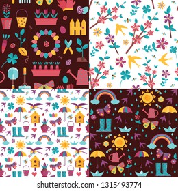 Spring pattern set with blooming sakura, birds, rainbow, umbrella, bird house and gardening icons. Springtime seamless backgrounds for wrapping paper or print with seedling and landscaping elements.