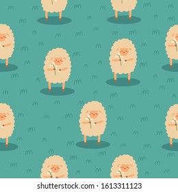 Spring pattern. Sheep pattern. A little sheep is standing on the grass. Simple flat vector cartoon illustration.