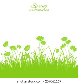 Spring pattern with silhouette grass and flowers on a white background. Spring holiday card with place for text. Stylish fashion background