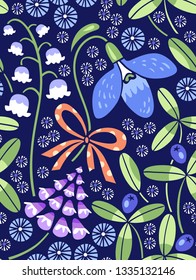 Spring pattern with snowdrop and lily of the valley.  Hand-drawn seamless vector illustration