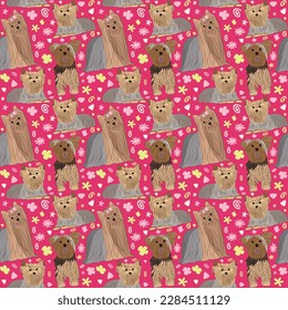 Spring pattern with spirals, leaf, flowers, Yorkshire Terrier dogs. Pastel colors. Elegant, soft seamless background, abstract summer pattern with hand-drawn colorful shapes. Delicate, gender-neutral.